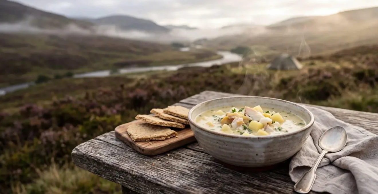 Traditional Cullen Skink soup with smoked haddock served outdoors in rustic camping setting