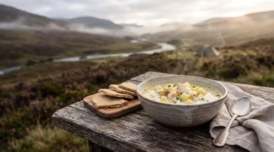Traditional Cullen Skink soup with smoked haddock served outdoors in rustic camping setting