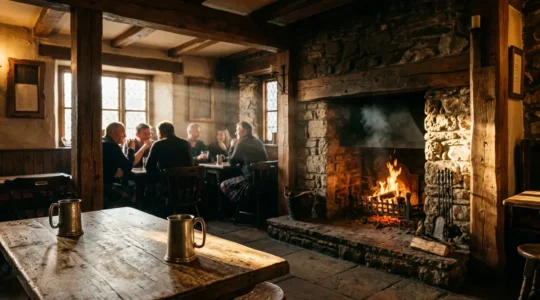 Warm Scottish highlands pub interior with local patrons