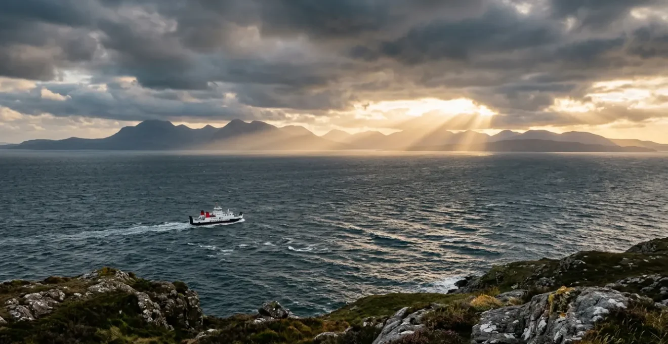 CalMac ferry navigating through misty Hebridean waters at golden hour
