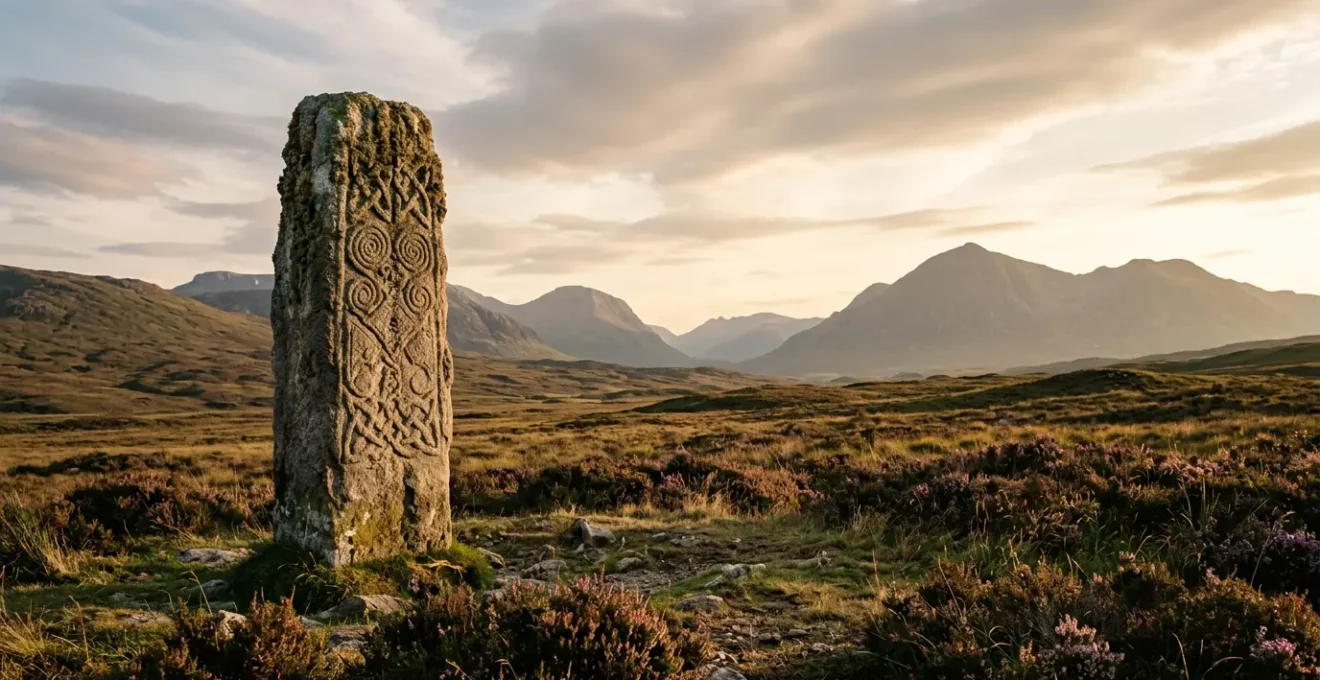 Interwoven Celtic patterns carved in stone against Scottish Highland landscape