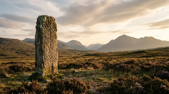 Interwoven Celtic patterns carved in stone against Scottish Highland landscape