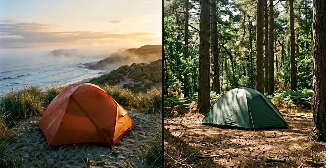 Split composition showing coastal camping tent with morning dew versus inland forest camping setup