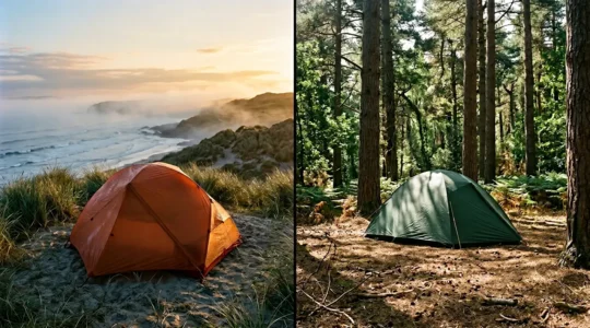 Split composition showing coastal camping tent with morning dew versus inland forest camping setup