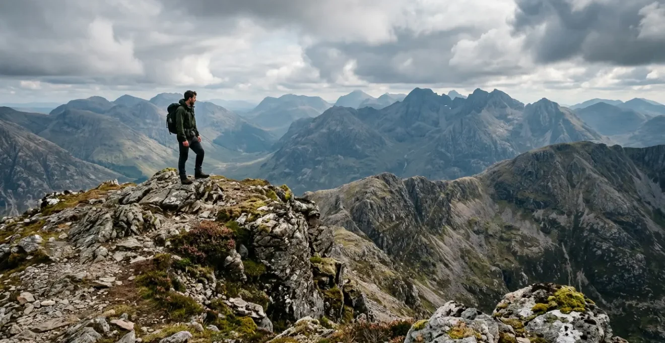 Lone hiker contemplating expansive Highland views from a remote Corbett summit