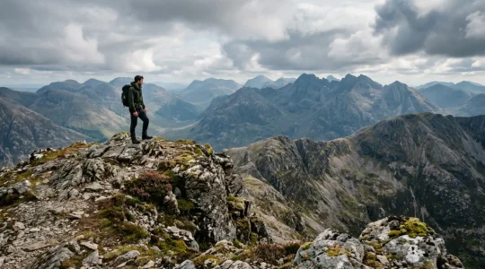 Lone hiker contemplating expansive Highland views from a remote Corbett summit