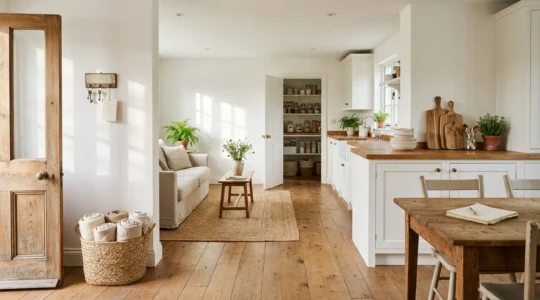 Comprehensive view of a well-prepared self-catering cottage interior with organized inventory items and checklist elements