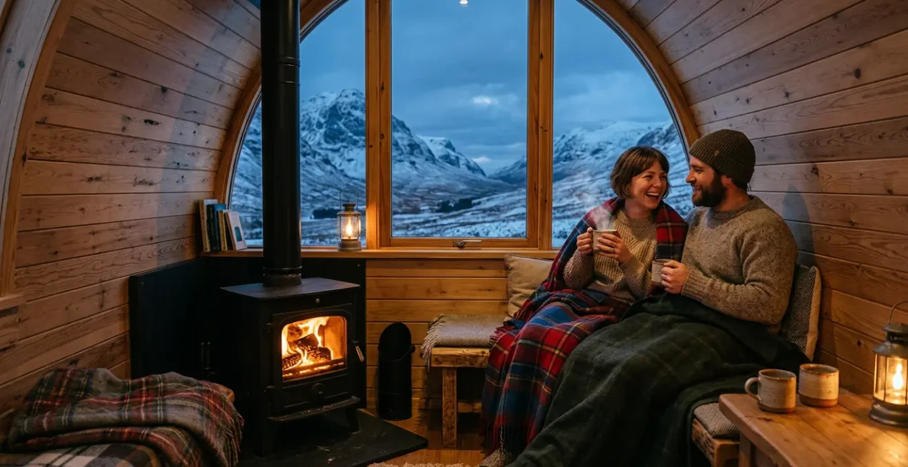 Interior view of warm glamping pod with couple by wood burner during Scottish winter evening