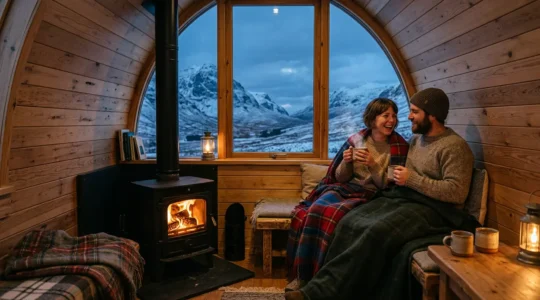 Interior view of warm glamping pod with couple by wood burner during Scottish winter evening