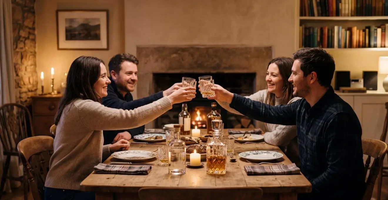 Intimate candlelit Burns Supper gathering at home with friends raising whisky glasses