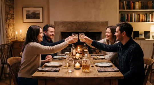 Intimate candlelit Burns Supper gathering at home with friends raising whisky glasses