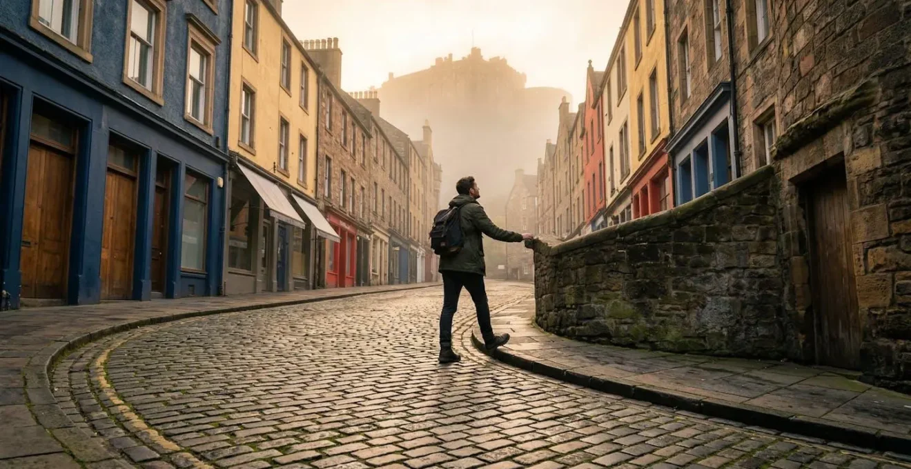 A traveler ascending steep cobblestone street in Edinburgh's historic Old Town