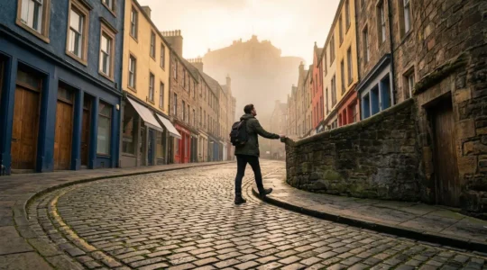 A traveler ascending steep cobblestone street in Edinburgh's historic Old Town