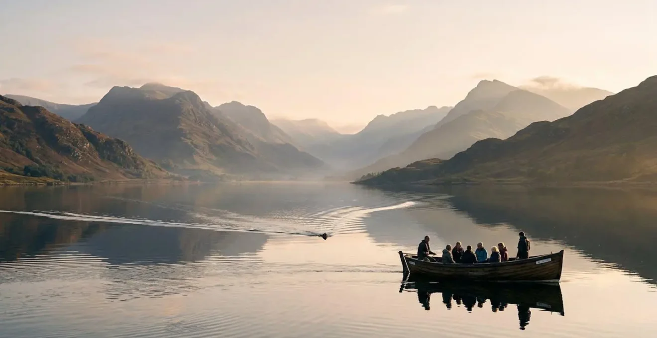 Small eco-friendly wildlife tour boat on calm Scottish loch surrounded by misty mountains at dawn