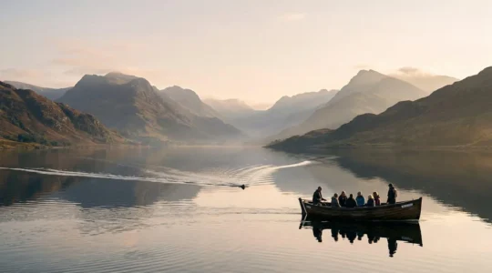 Small eco-friendly wildlife tour boat on calm Scottish loch surrounded by misty mountains at dawn