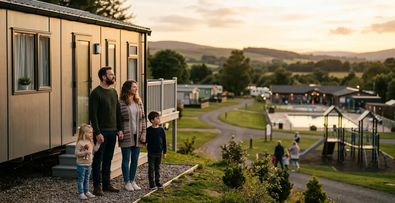 Family enjoying a peaceful moment by their holiday caravan at sunset, contemplating the value of their park pass