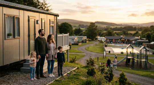 Family enjoying a peaceful moment by their holiday caravan at sunset, contemplating the value of their park pass