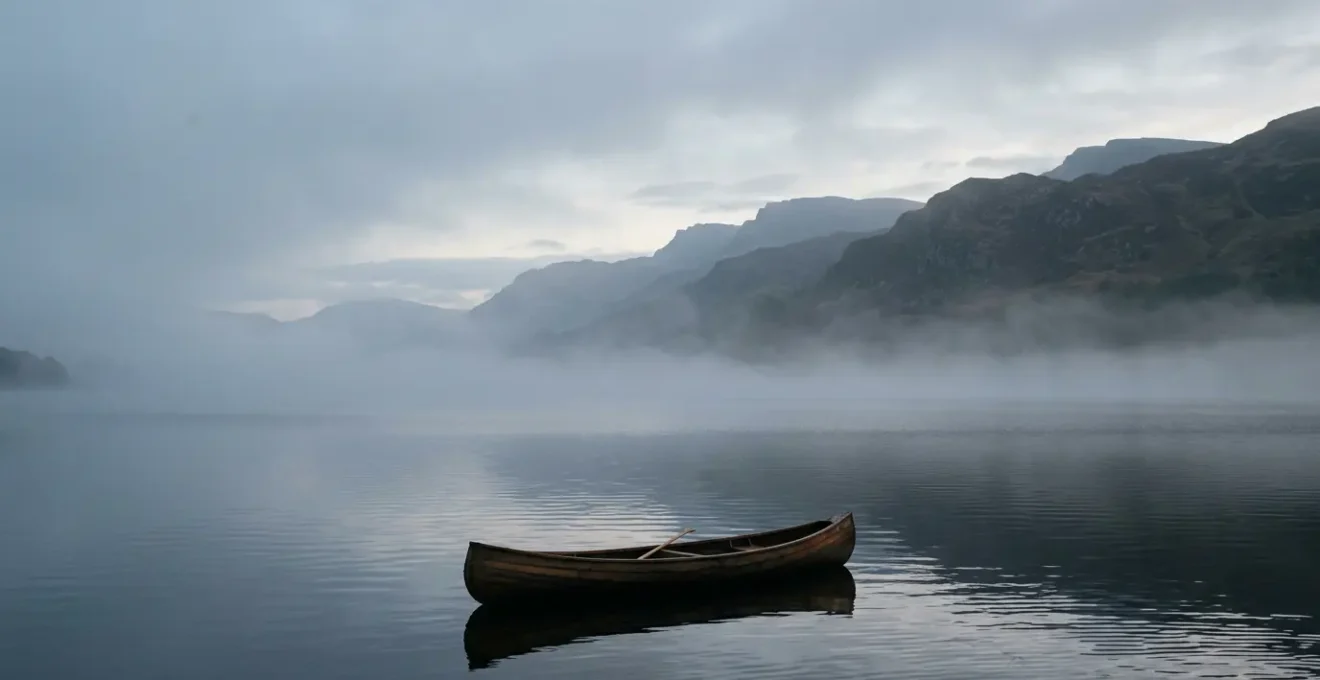 Atmospheric view of a canoe at dawn on misty Scottish loch with mountains reflected in still water