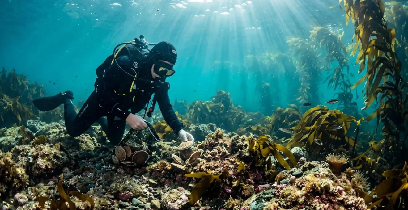 Underwater view of a diver harvesting scallops by hand from the Scottish seabed