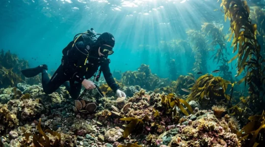Underwater view of a diver harvesting scallops by hand from the Scottish seabed