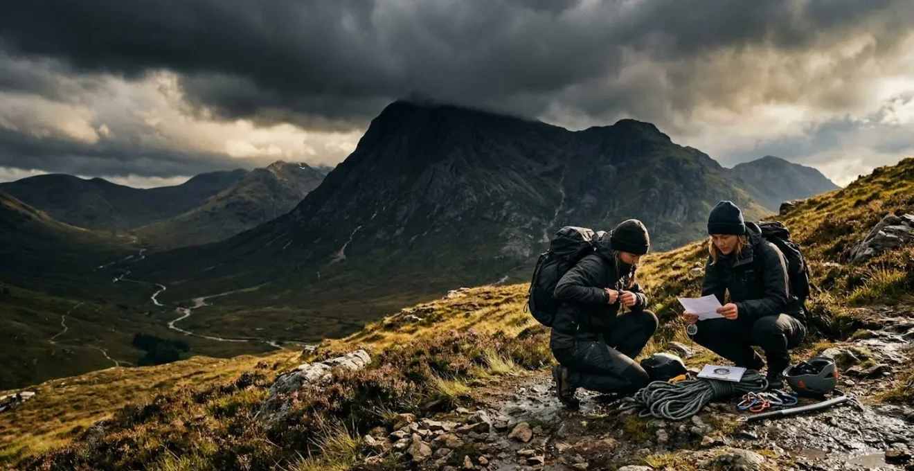 Dramatic Scottish Highland landscape with mountaineers preparing safety equipment against stormy Ben Nevis backdrop
