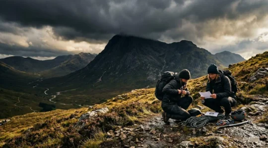 Dramatic Scottish Highland landscape with mountaineers preparing safety equipment against stormy Ben Nevis backdrop
