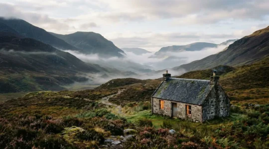 Traditional Highland croft house nestled in misty Scottish glen with warm golden light emanating from windows