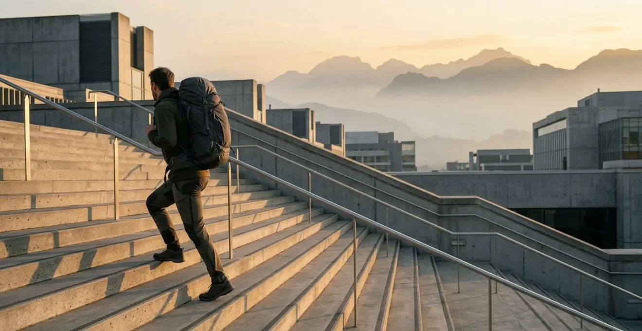 A determined hiker training on urban stairs with a backdrop of city skyline transitioning to misty Scottish highlands