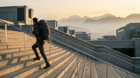 A determined hiker training on urban stairs with a backdrop of city skyline transitioning to misty Scottish highlands