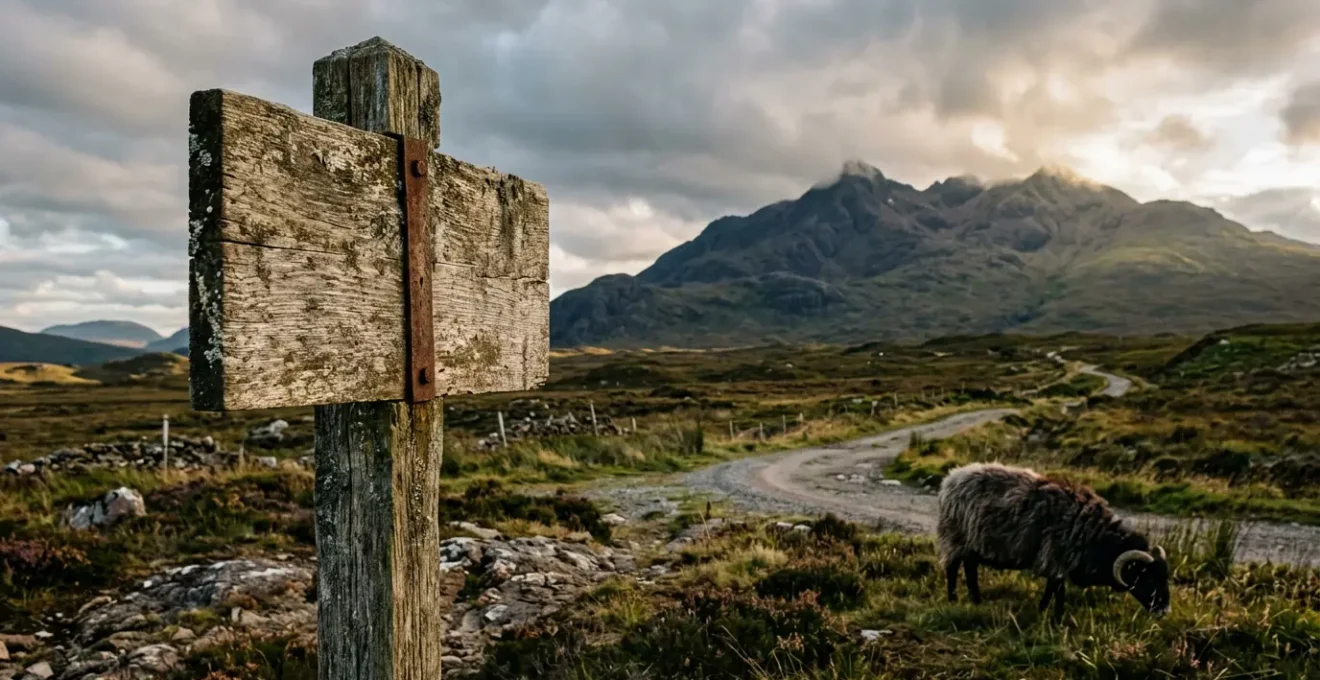 Bilingual road sign on the Isle of Skye showing both Gaelic and English place names against dramatic Highland landscape