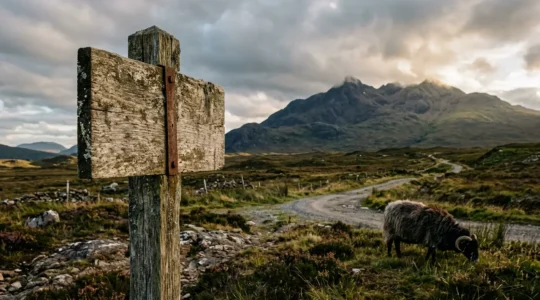 Bilingual road sign on the Isle of Skye showing both Gaelic and English place names against dramatic Highland landscape