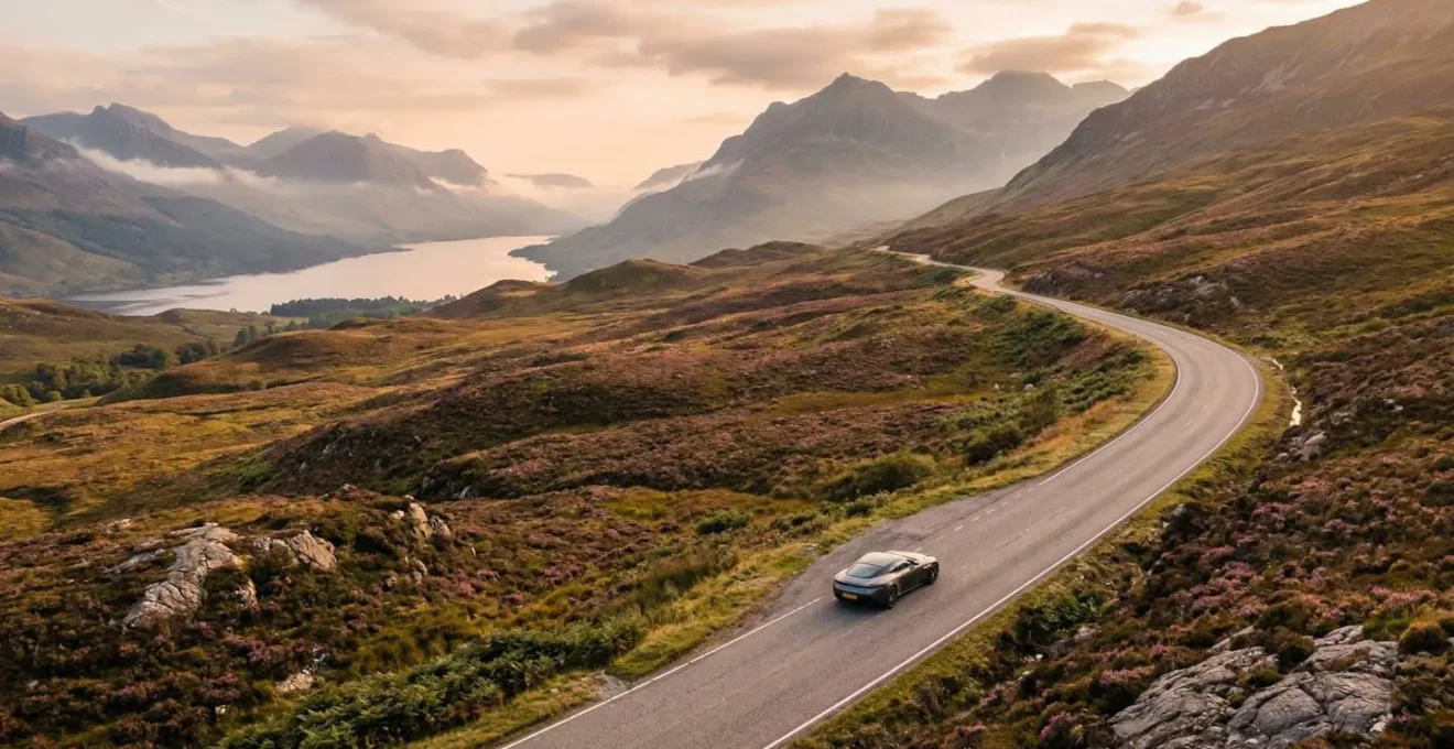 Scenic view of a car traveling through misty Scottish Highlands at dawn with mountains and lochs in background