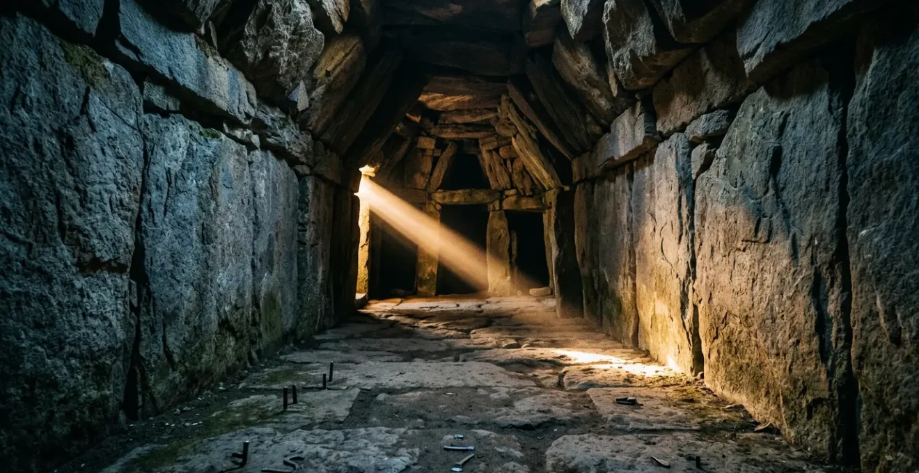 Ancient stone chamber with dramatic light shaft illuminating the passage at winter solstice
