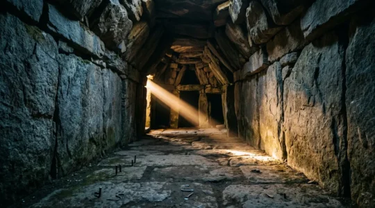 Ancient stone chamber with dramatic light shaft illuminating the passage at winter solstice