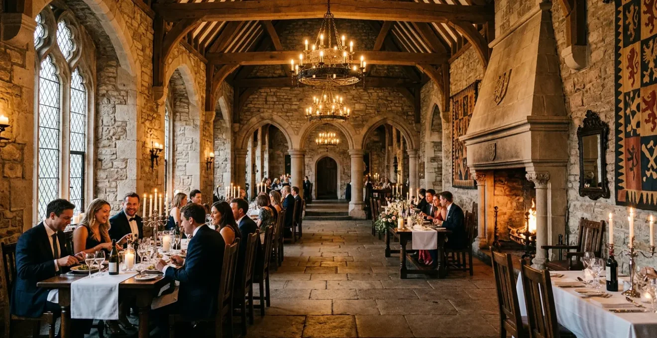 Luxurious medieval castle dining hall with guests enjoying elegant evening dinner service