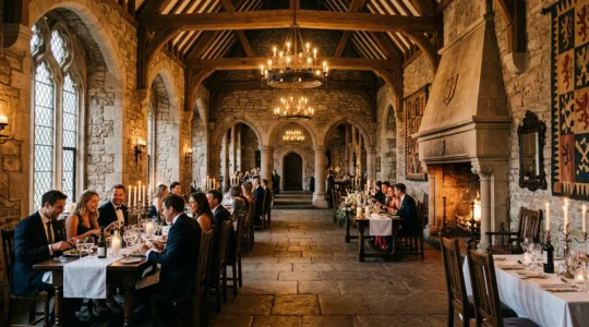 Luxurious medieval castle dining hall with guests enjoying elegant evening dinner service