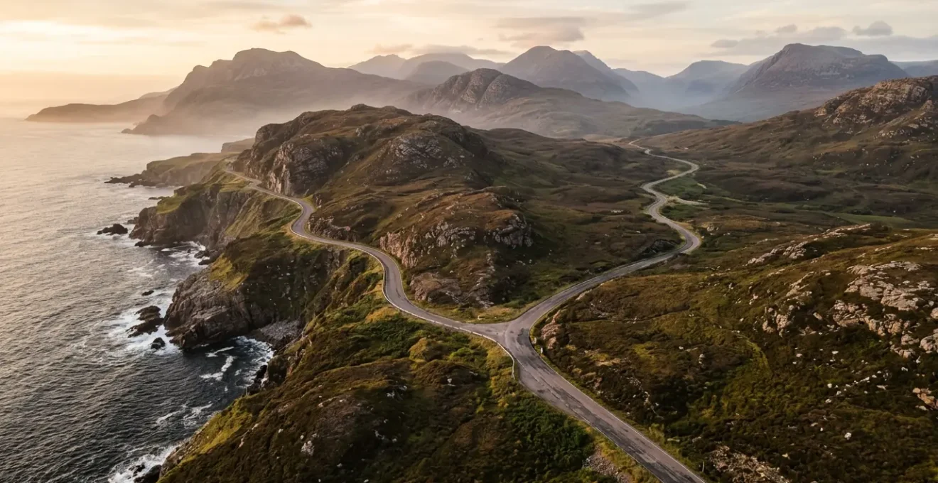 Dramatic aerial view of the NC500 route showing the contrast between spontaneous coastal paths and planned road sections