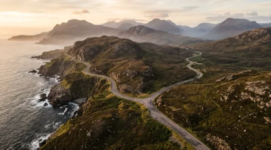 Dramatic aerial view of the NC500 route showing the contrast between spontaneous coastal paths and planned road sections