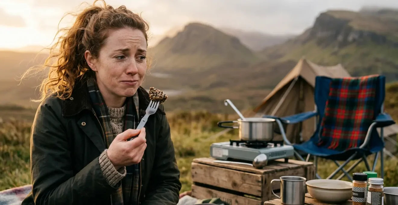 Person tentatively tasting haggis at a camping setup with Scottish mountain backdrop
