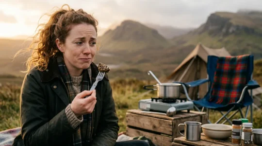 Person tentatively tasting haggis at a camping setup with Scottish mountain backdrop