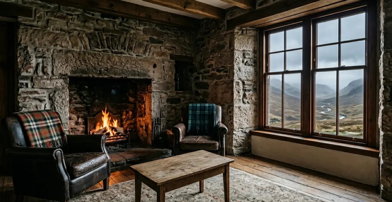 Luxury Scottish B&B interior showcasing traditional Highland decor with tartan textiles and antique furnishings