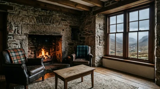 Luxury Scottish B&B interior showcasing traditional Highland decor with tartan textiles and antique furnishings