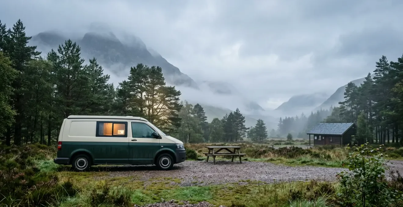 Remote worker setting up WiFi connection at misty Highland campsite with laptop and coffee