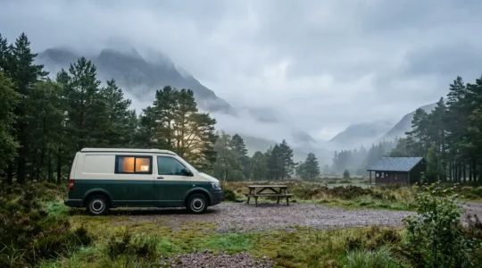 Remote worker setting up WiFi connection at misty Highland campsite with laptop and coffee