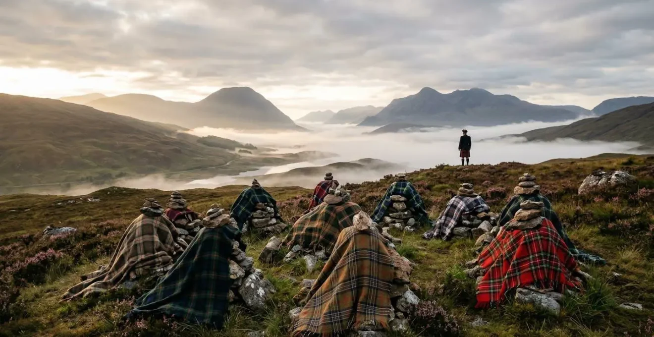 Scottish Highland gathering with traditional tartan patterns and clan heritage symbols in a misty Scottish landscape