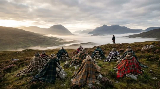 Scottish Highland gathering with traditional tartan patterns and clan heritage symbols in a misty Scottish landscape