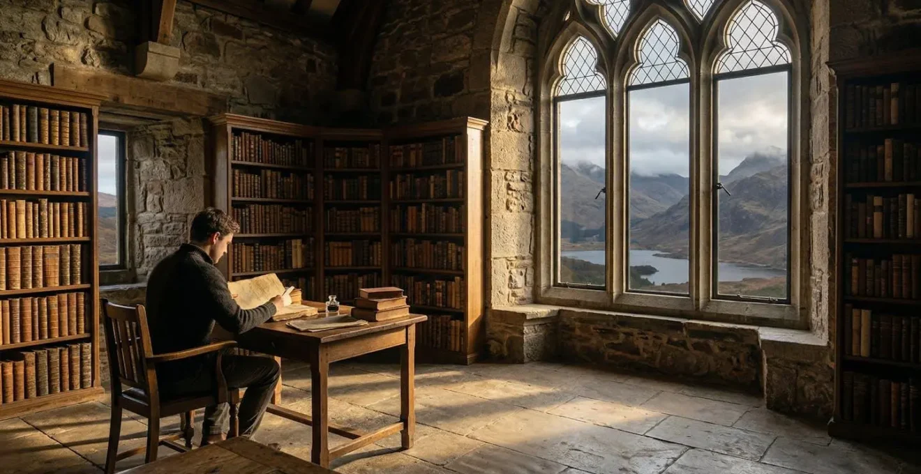 A heritage researcher studying ancient documents in a Scottish castle library with Highland landscape visible through windows