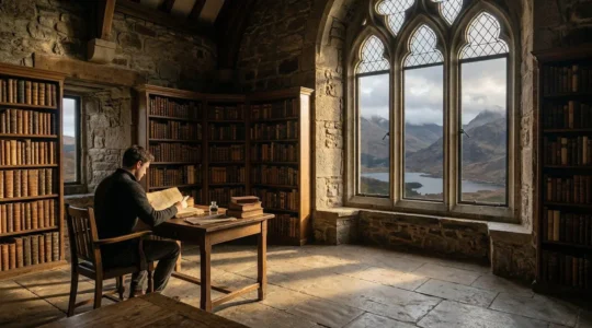 A heritage researcher studying ancient documents in a Scottish castle library with Highland landscape visible through windows