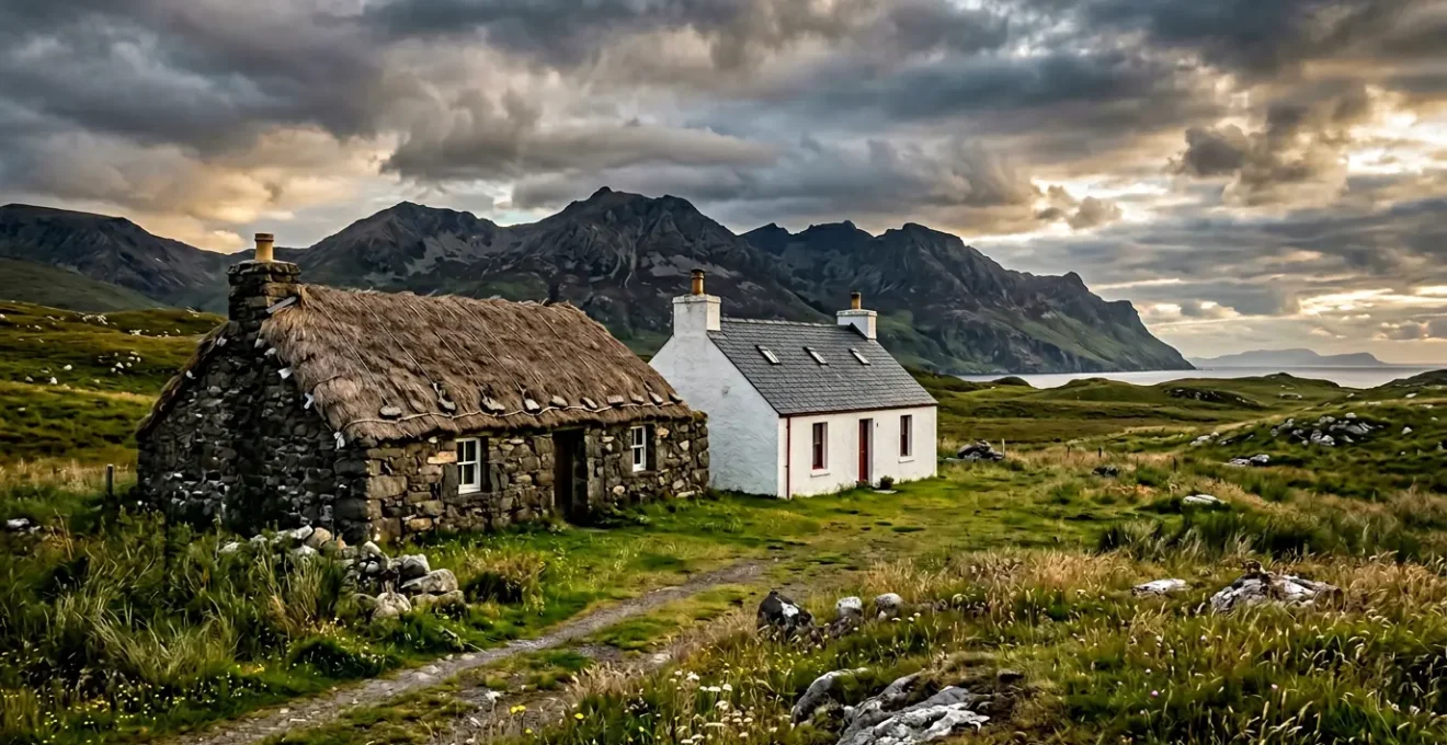 Traditional Scottish blackhouse with thatched roof beside modern whitehouse in Highland landscape