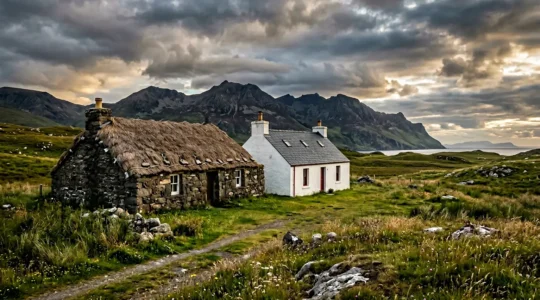 Traditional Scottish blackhouse with thatched roof beside modern whitehouse in Highland landscape